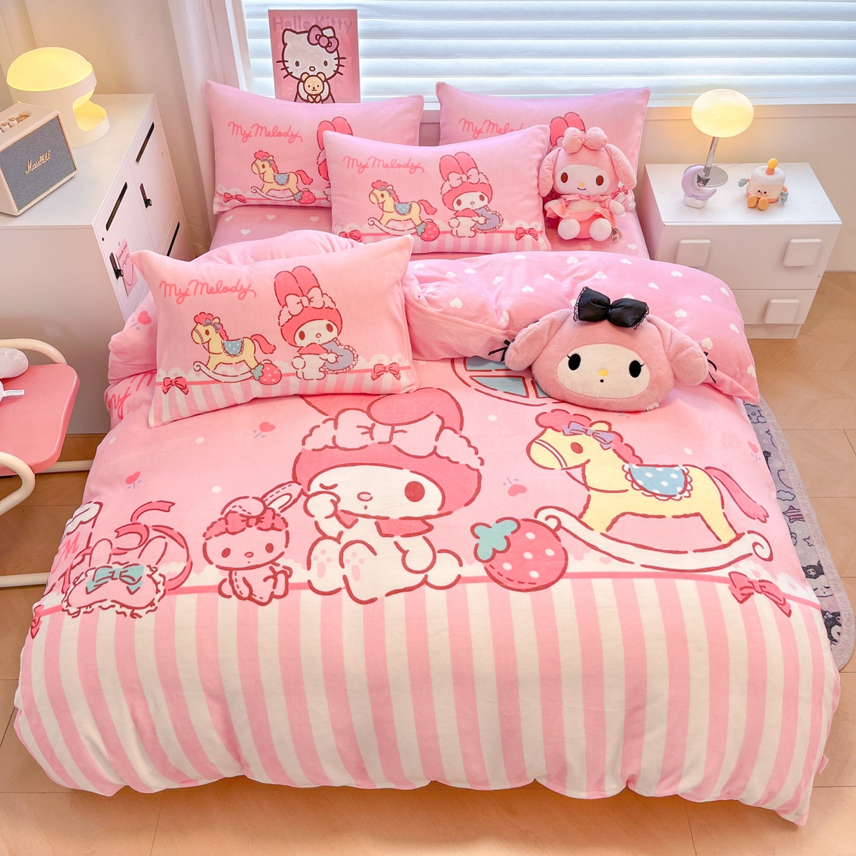 暮思家居 2025新款正版授权三丽鸥大阪数码印花高克重加厚保暖牛奶绒四件套 绒大阪-条纹美乐蒂