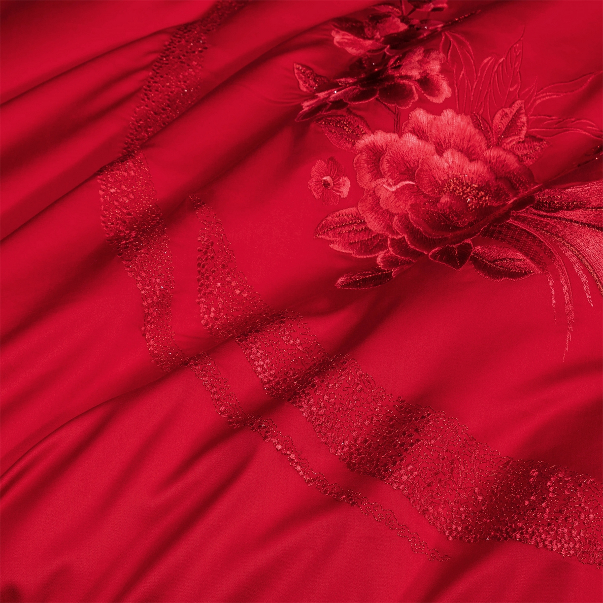 91家纺网 家纺一手货源 找家纺 美娘阁 2025新款长绒棉全棉贡缎提花款新中式古典韵味精美刺绣婚庆四件套-系列二  爱的花语-红