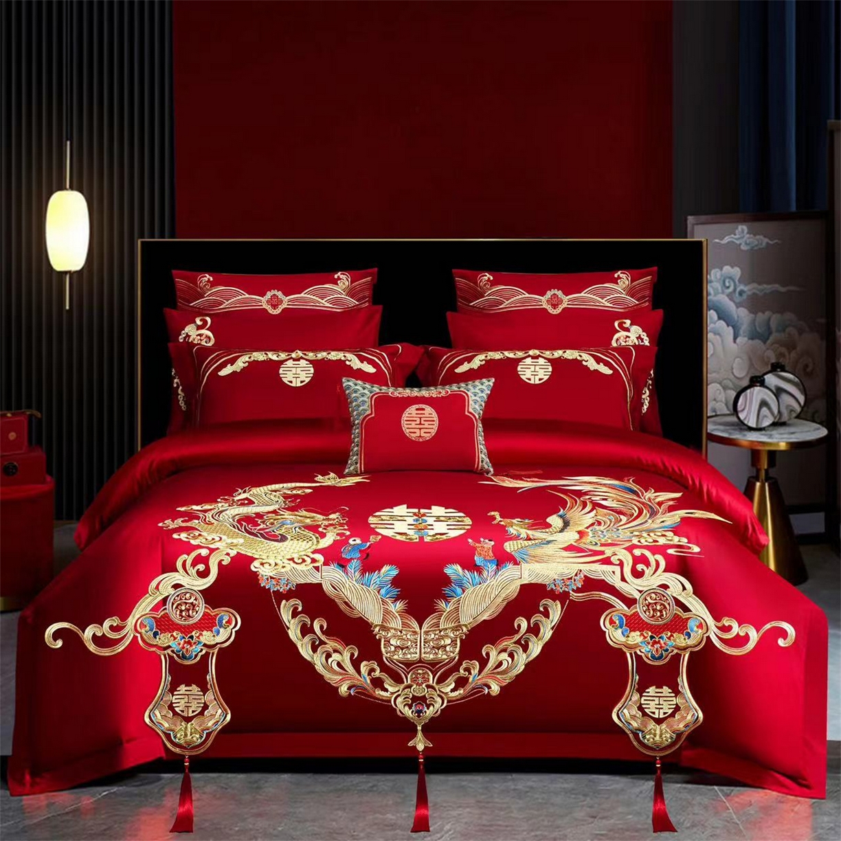 91家纺网 家纺一手货源 找家纺 （总）美娘阁 2025新款长绒棉全棉贡缎提花款新中式古典韵味精美刺绣婚庆四件套系列