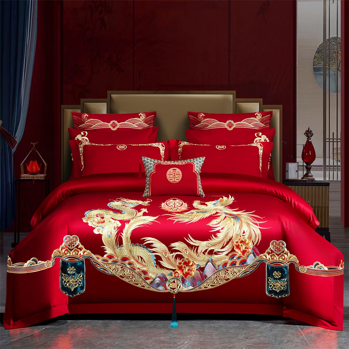 91家纺网 家纺一手货源 找家纺 （总）美娘阁 2025新款长绒棉全棉贡缎提花款新中式古典韵味精美刺绣婚庆四件套系列