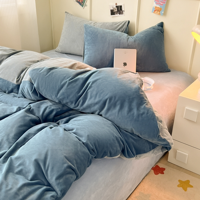 91家纺网 家纺一手货源 找家纺 （总）悦织湾家纺 2025新款亲肤水晶绒四件套纯色轻奢加厚保暖床单床笠款四件套学生宿舍三件套单被套