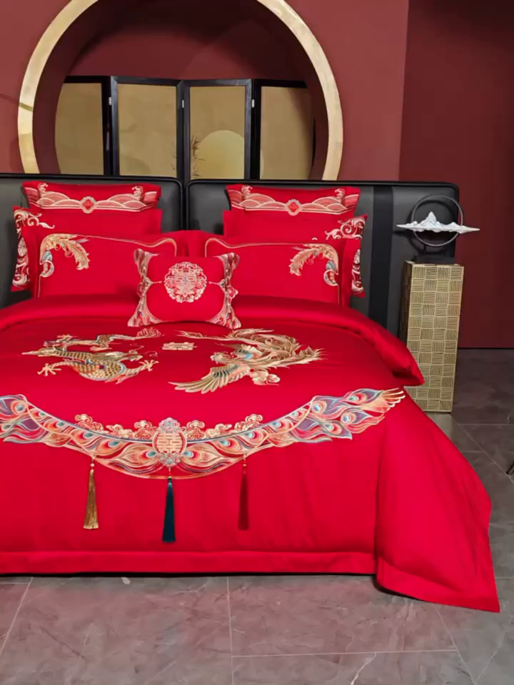 91家纺网 家纺一手货源 找家纺 美娘阁 2025新款长绒棉全棉贡缎提花款新中式古典韵味精美刺绣婚庆四件套系列 红颜知己