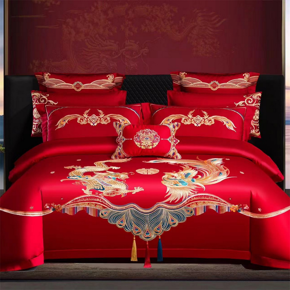 91家纺网 家纺一手货源 找家纺 美娘阁 2025新款长绒棉全棉贡缎提花款新中式古典韵味精美刺绣婚庆四件套系列 龙凤大喜