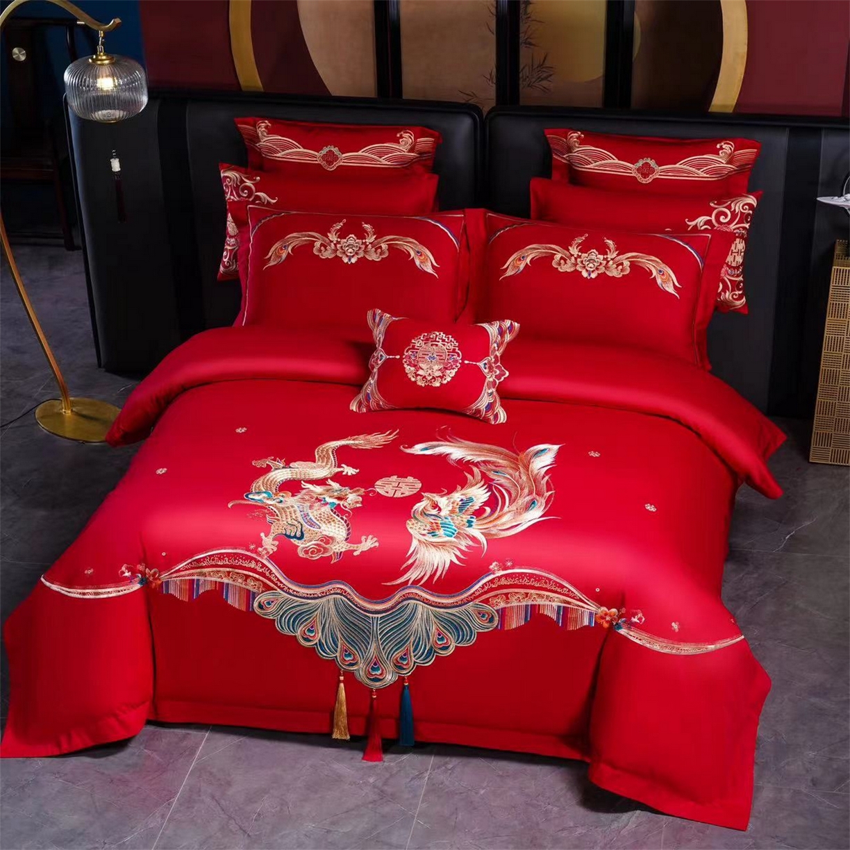 91家纺网 家纺一手货源 找家纺 美娘阁 2025新款长绒棉全棉贡缎提花款新中式古典韵味精美刺绣婚庆四件套系列 龙凤大喜