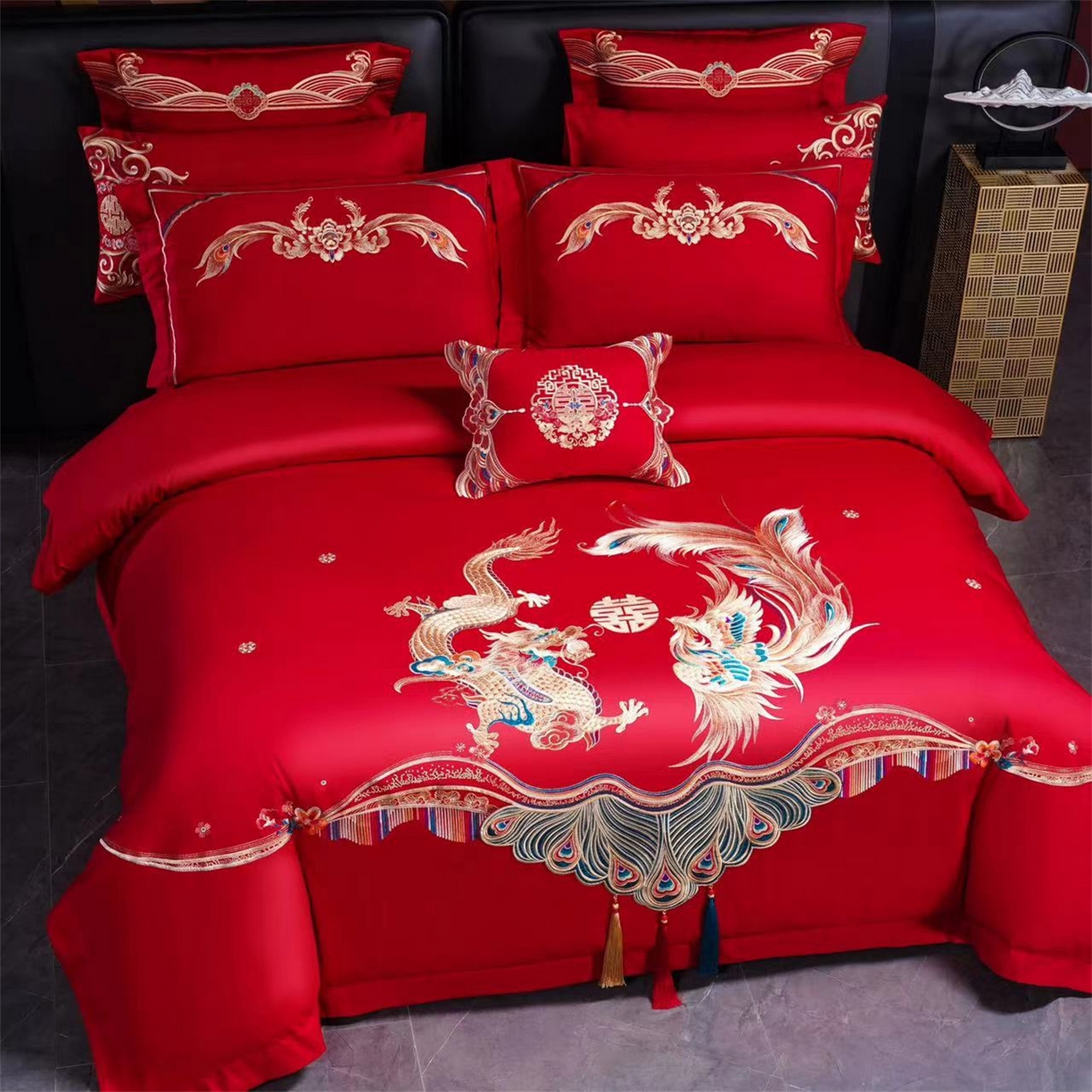 91家纺网 家纺一手货源 找家纺 美娘阁 2025新款长绒棉全棉贡缎提花款新中式古典韵味精美刺绣婚庆四件套系列 龙凤大喜