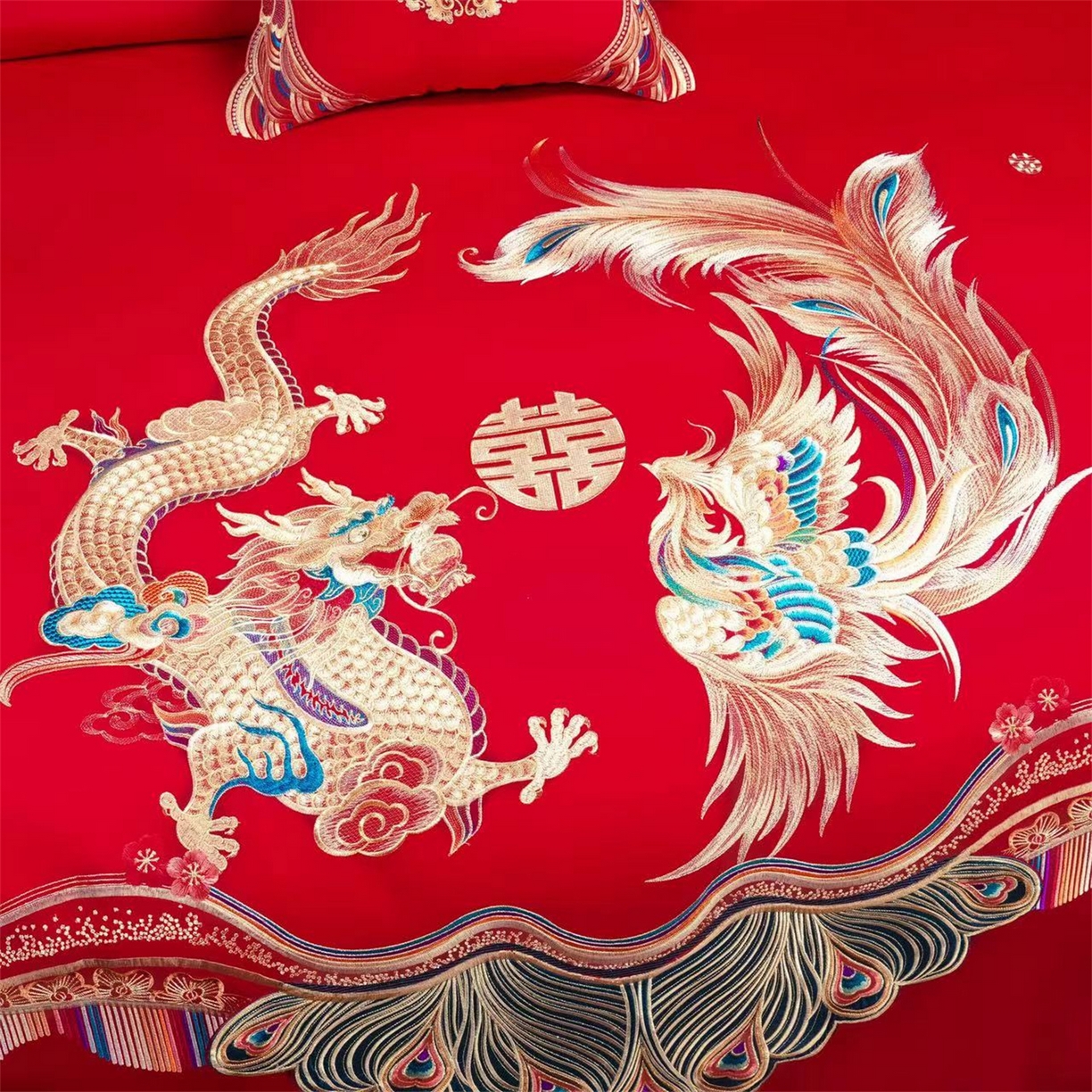 91家纺网 家纺一手货源 找家纺 美娘阁 2025新款长绒棉全棉贡缎提花款新中式古典韵味精美刺绣婚庆四件套系列 龙凤大喜