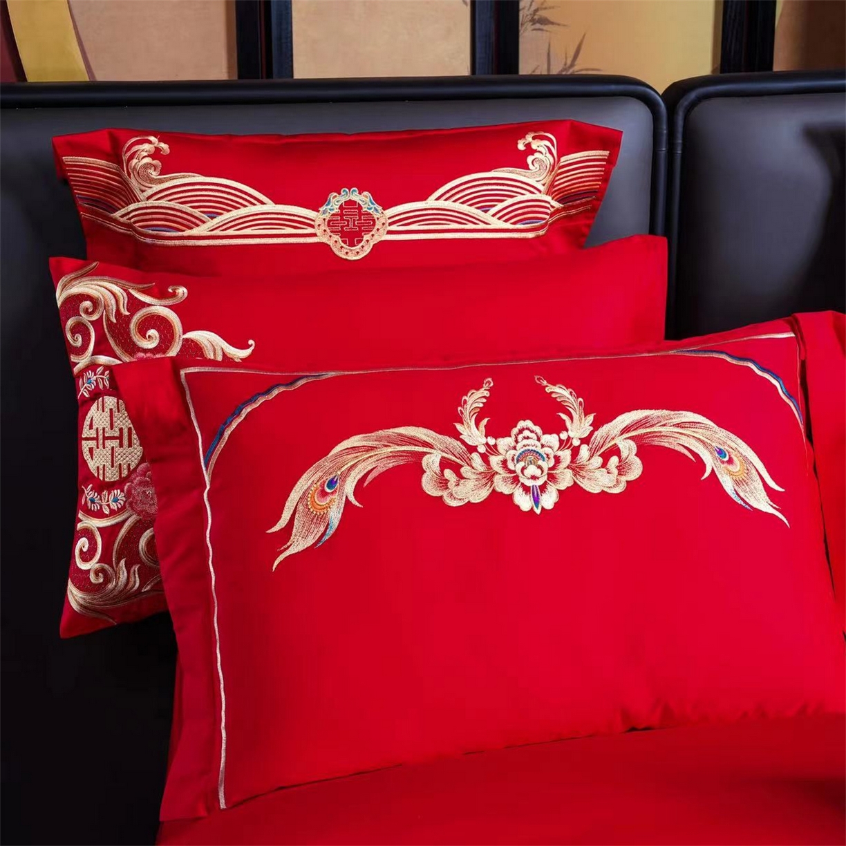 91家纺网 家纺一手货源 找家纺 美娘阁 2025新款长绒棉全棉贡缎提花款新中式古典韵味精美刺绣婚庆四件套系列 龙凤大喜