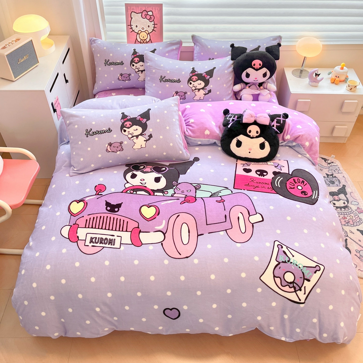 暮思家居 2025新款正版授权三丽鸥大阪数码印花高克重加厚保暖牛奶绒四件套 绒大阪-小汽车库洛米