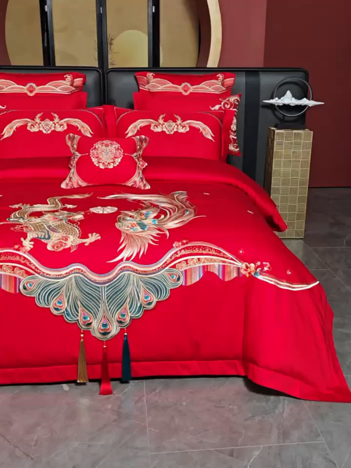 91家纺网 家纺一手货源 找家纺 美娘阁 2025新款长绒棉全棉贡缎提花款新中式古典韵味精美刺绣婚庆四件套系列 龙凤大喜