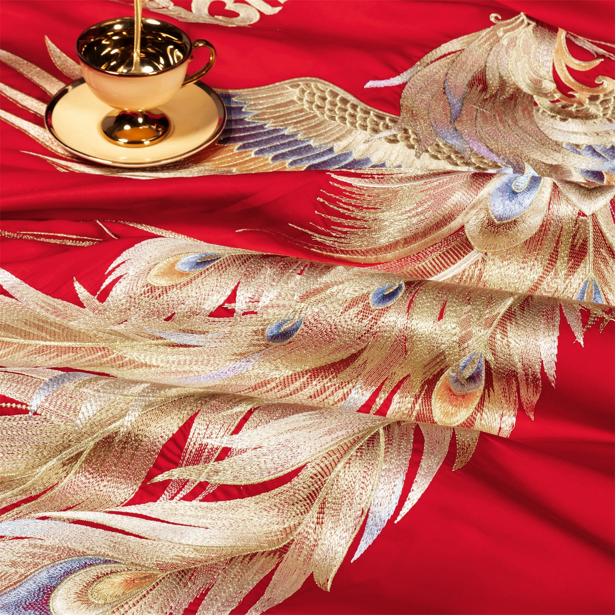 91家纺网 家纺一手货源 找家纺 美娘阁 2025新款长绒棉全棉贡缎提花款新中式古典韵味精美刺绣婚庆四件套系列 龙凤江山