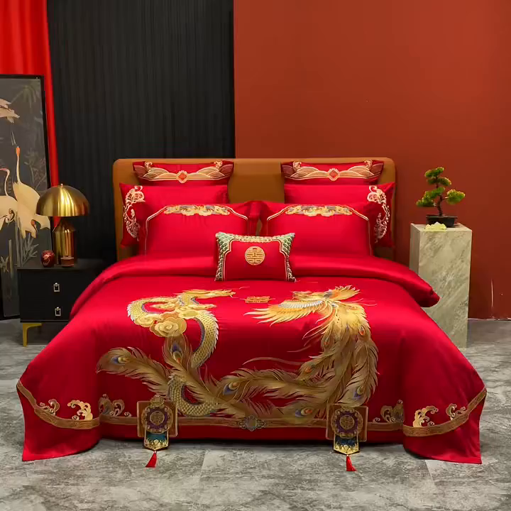 91家纺网 家纺一手货源 找家纺 美娘阁 2025新款长绒棉全棉贡缎提花款新中式古典韵味精美刺绣婚庆四件套系列 龙凤江山