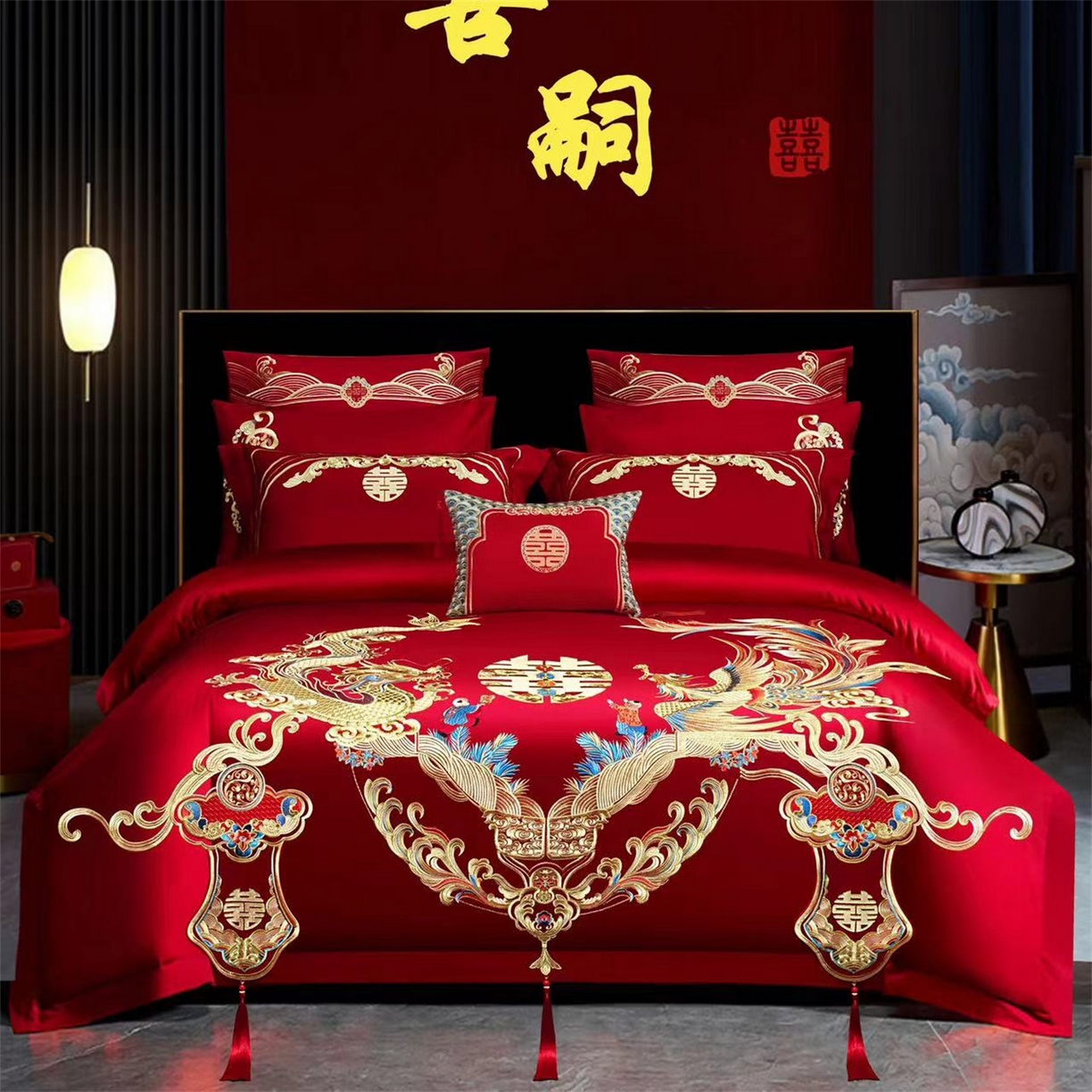 91家纺网 家纺一手货源 找家纺 美娘阁 2025新款长绒棉全棉贡缎提花款新中式古典韵味精美刺绣婚庆四件套系列 龙凤喜嗣