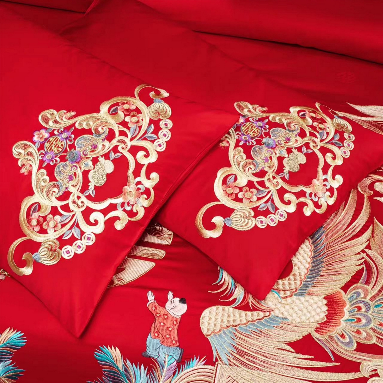 91家纺网 家纺一手货源 找家纺 美娘阁 2025新款长绒棉全棉贡缎提花款新中式古典韵味精美刺绣婚庆四件套系列 龙凤喜嗣