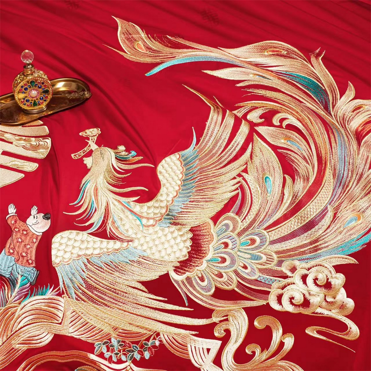 91家纺网 家纺一手货源 找家纺 美娘阁 2025新款长绒棉全棉贡缎提花款新中式古典韵味精美刺绣婚庆四件套系列 龙凤喜嗣