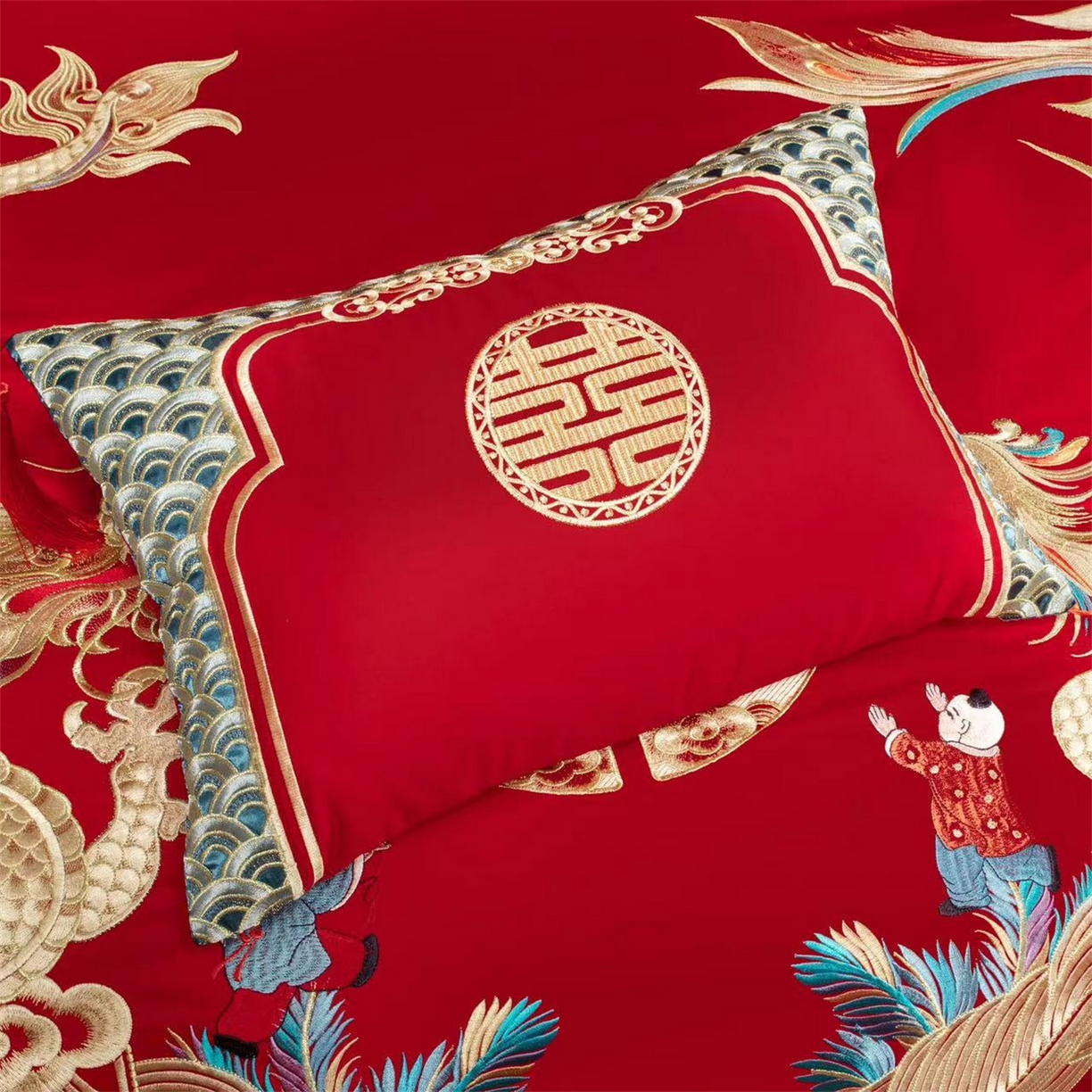 91家纺网 家纺一手货源 找家纺 美娘阁 2025新款长绒棉全棉贡缎提花款新中式古典韵味精美刺绣婚庆四件套系列 龙凤喜嗣