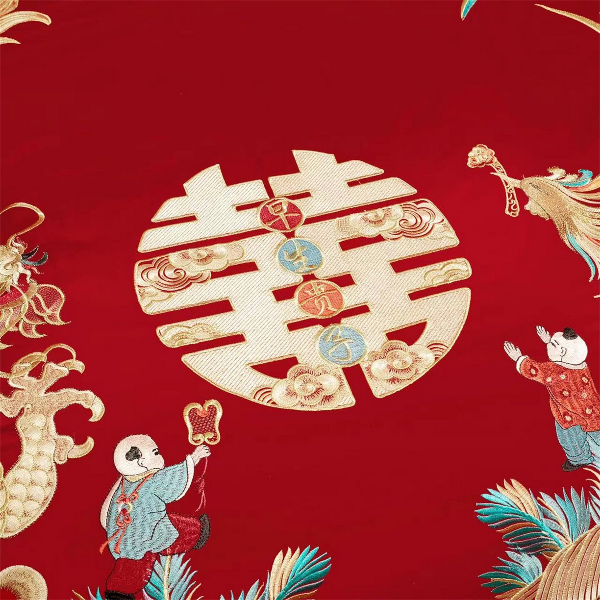 91家纺网 家纺一手货源 找家纺 美娘阁 2025新款长绒棉全棉贡缎提花款新中式古典韵味精美刺绣婚庆四件套系列 龙凤喜嗣