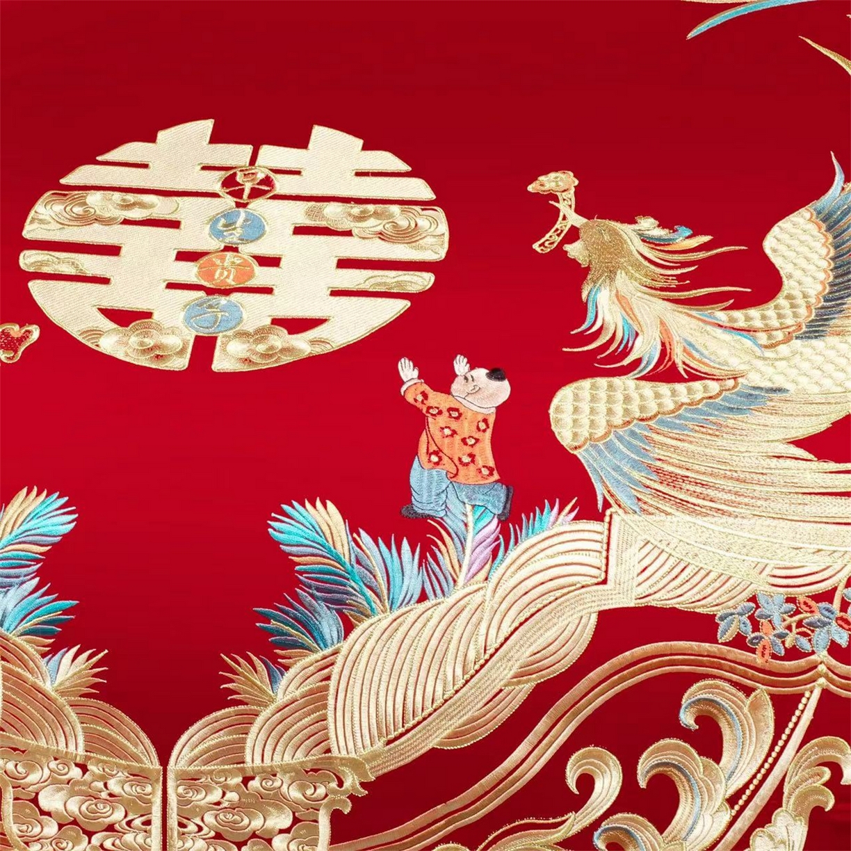 91家纺网 家纺一手货源 找家纺 美娘阁 2025新款长绒棉全棉贡缎提花款新中式古典韵味精美刺绣婚庆四件套系列 龙凤喜嗣