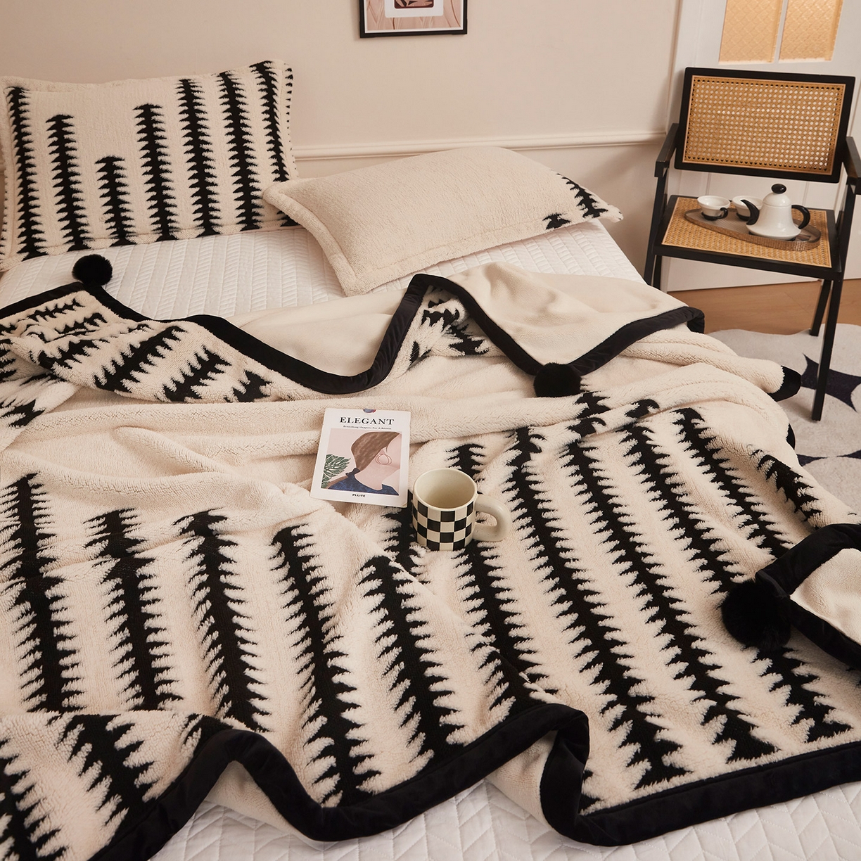 91家纺网 家纺一手货源 找家纺 悦织湾家纺 2025新款黑白阳离子熊猫绒毛球毯轻奢雅致多功能毛毯盖毯休闲毯沙发毯跨境专供可定制量大可谈 熊猫绒毛球-节节高