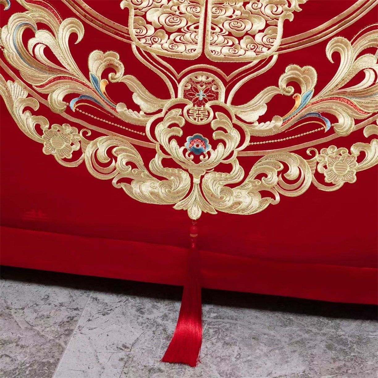 91家纺网 家纺一手货源 找家纺 美娘阁 2025新款长绒棉全棉贡缎提花款新中式古典韵味精美刺绣婚庆四件套系列 龙凤喜嗣