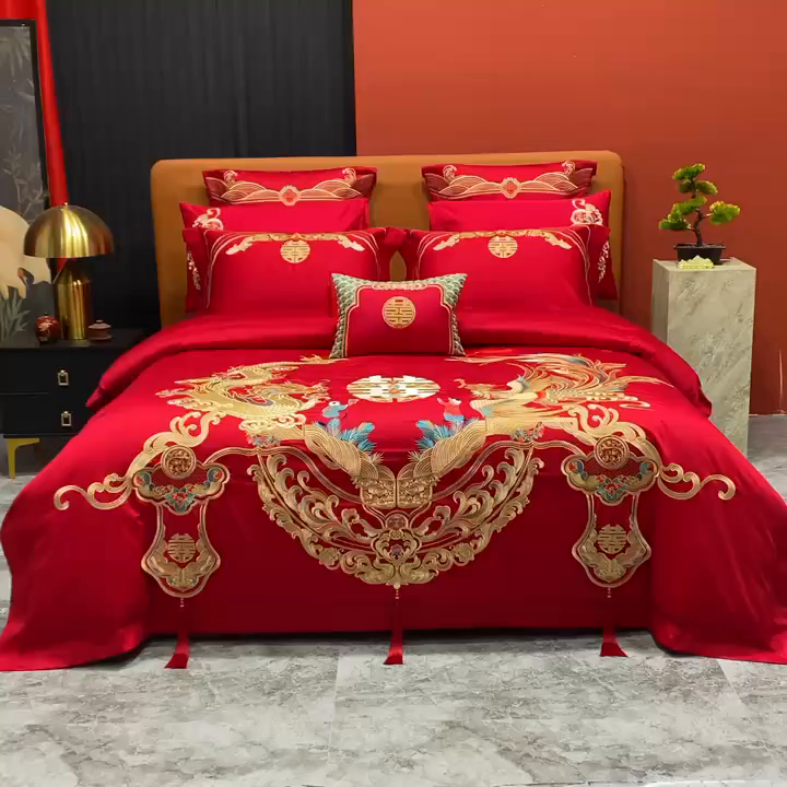 91家纺网 家纺一手货源 找家纺 美娘阁 2025新款长绒棉全棉贡缎提花款新中式古典韵味精美刺绣婚庆四件套系列 龙凤喜嗣