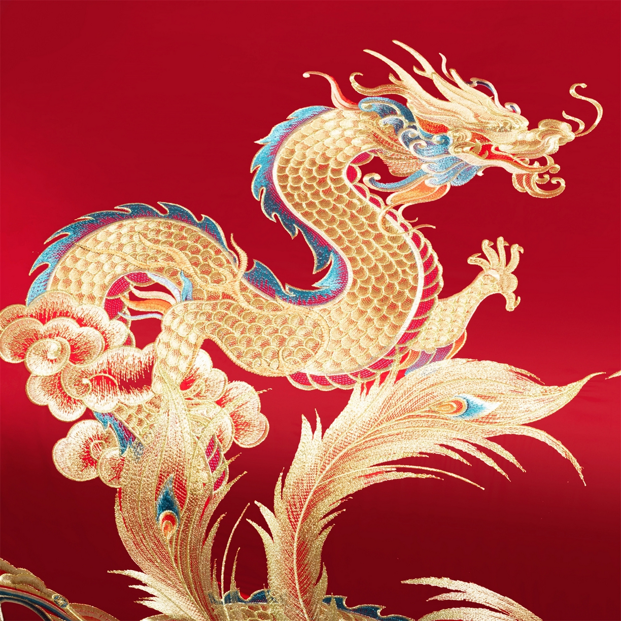 91家纺网 家纺一手货源 找家纺 美娘阁 2025新款长绒棉全棉贡缎提花款新中式古典韵味精美刺绣婚庆四件套系列 龙腾盛世