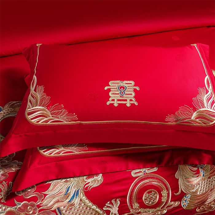 91家纺网 家纺一手货源 找家纺 千禧家纺 2025新款双面长绒棉提花工艺重工刺绣婚庆多件套 龙章凤姿