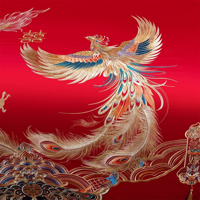 91家纺网 家纺一手货源 找家纺 千禧家纺 2025新款双面长绒棉提花工艺重工刺绣婚庆多件套 龙凤织锦