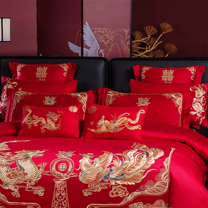 91家纺网 家纺一手货源 找家纺 千禧家纺 2025新款双面长绒棉提花工艺重工刺绣婚庆多件套 龙章凤姿