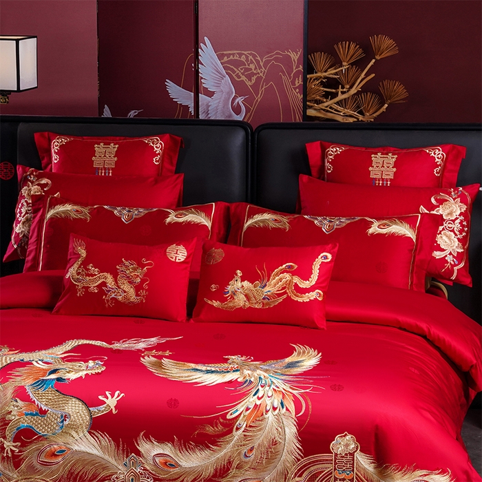 91家纺网 家纺一手货源 找家纺 千禧家纺 2025新款双面长绒棉提花工艺重工刺绣婚庆多件套 龙凤织锦