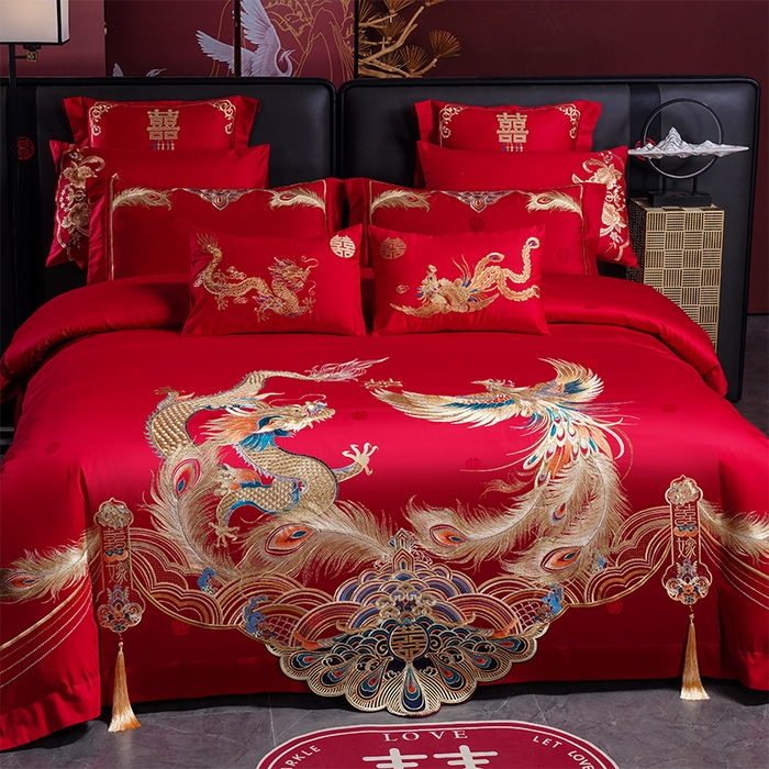 91家纺网 家纺一手货源 找家纺 千禧家纺 2025新款双面长绒棉提花工艺重工刺绣婚庆多件套 龙凤织锦