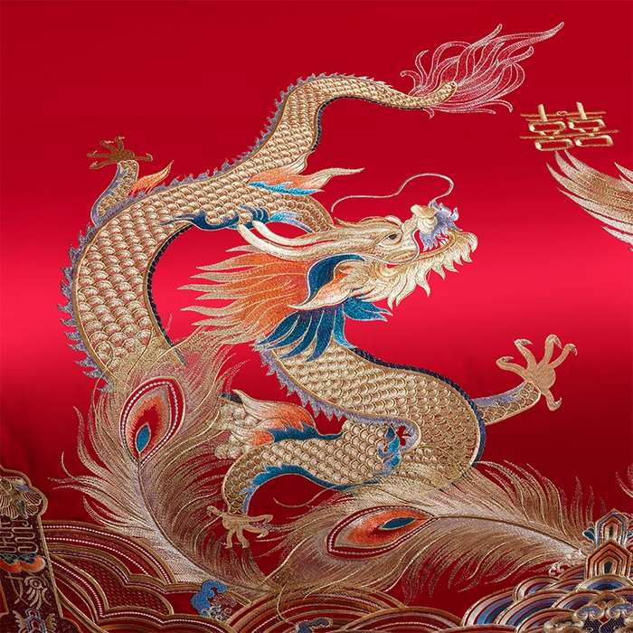 91家纺网 家纺一手货源 找家纺 千禧家纺 2025新款双面长绒棉提花工艺重工刺绣婚庆多件套 龙凤织锦