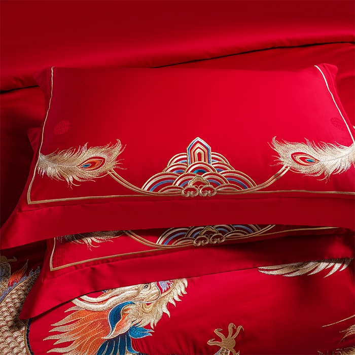 91家纺网 家纺一手货源 找家纺 千禧家纺 2025新款双面长绒棉提花工艺重工刺绣婚庆多件套 龙凤织锦