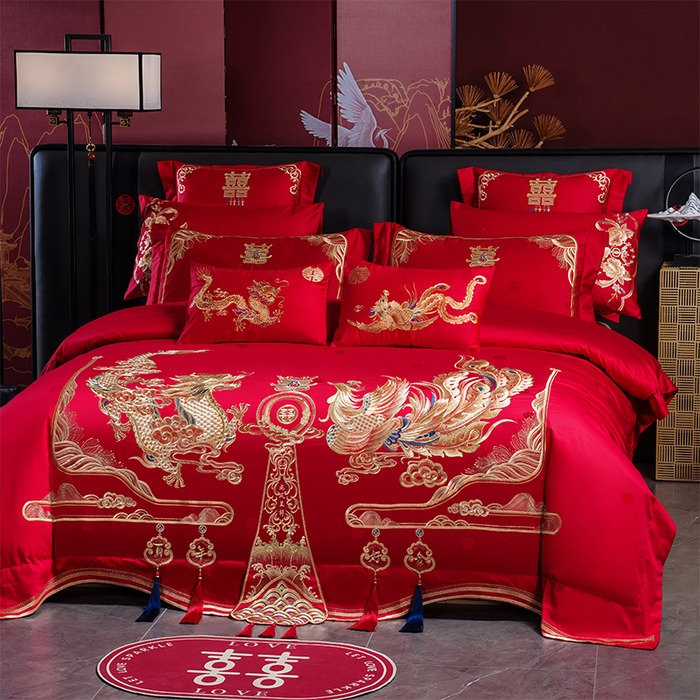 91家纺网 家纺一手货源 找家纺 千禧家纺 2025新款双面长绒棉提花工艺重工刺绣婚庆多件套 龙章凤姿