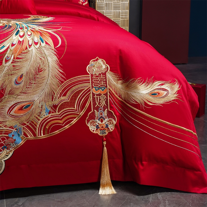 91家纺网 家纺一手货源 找家纺 千禧家纺 2025新款双面长绒棉提花工艺重工刺绣婚庆多件套 龙凤织锦