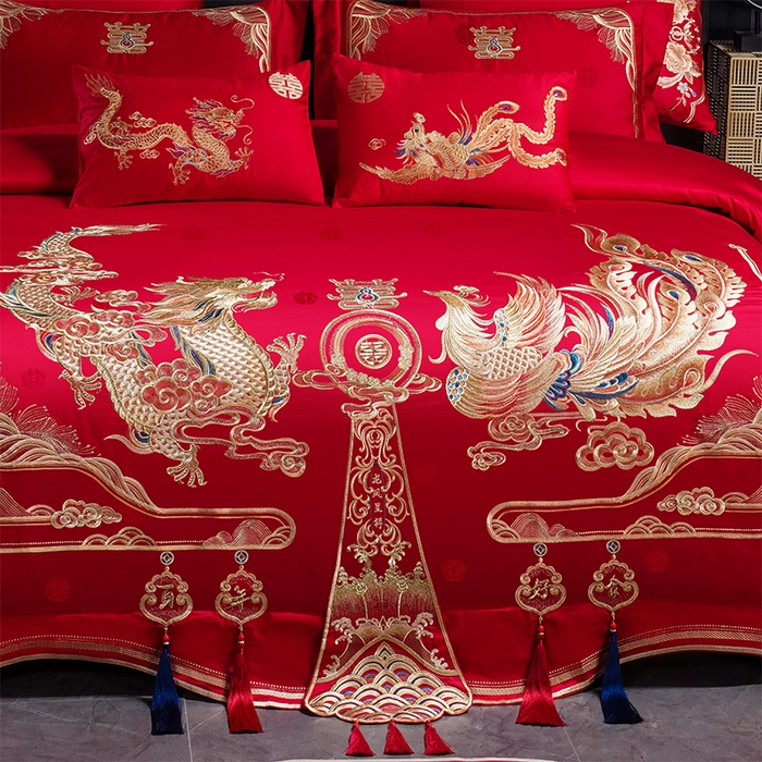 91家纺网 家纺一手货源 找家纺 千禧家纺 2025新款双面长绒棉提花工艺重工刺绣婚庆多件套 龙章凤姿