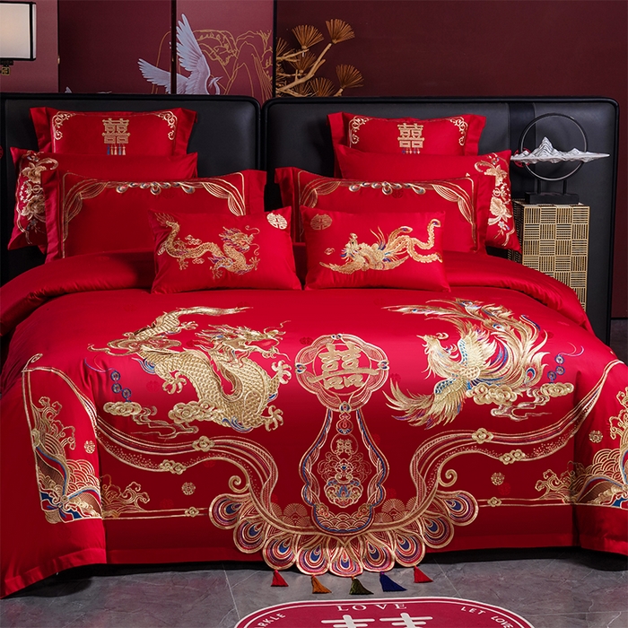 91家纺网 家纺一手货源 找家纺 （总）千禧家纺 2025新款双面长绒棉提花工艺重工刺绣婚庆多件套