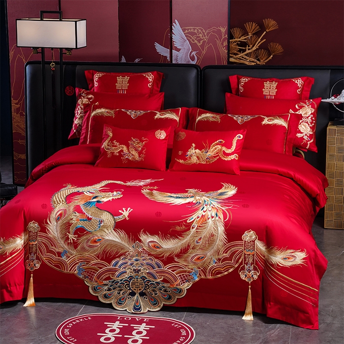 91家纺网 家纺一手货源 找家纺 千禧家纺 2025新款双面长绒棉提花工艺重工刺绣婚庆多件套 龙凤织锦