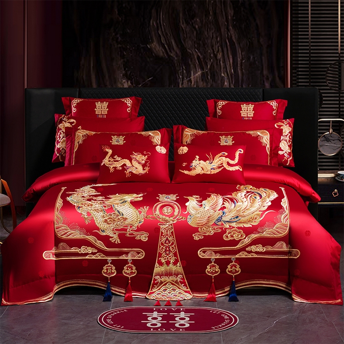 91家纺网 家纺一手货源 找家纺 （总）千禧家纺 2025新款双面长绒棉提花工艺重工刺绣婚庆多件套