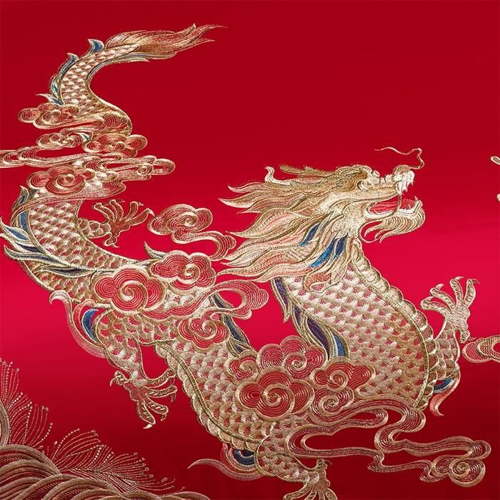 91家纺网 家纺一手货源 找家纺 千禧家纺 2025新款双面长绒棉提花工艺重工刺绣婚庆多件套 龙章凤姿