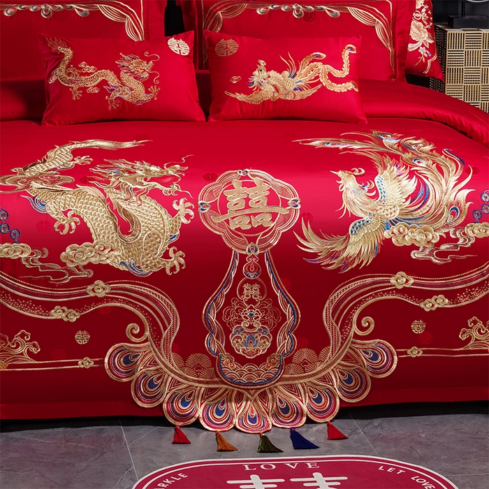 91家纺网 家纺一手货源 找家纺 （总）千禧家纺 2025新款双面长绒棉提花工艺重工刺绣婚庆多件套