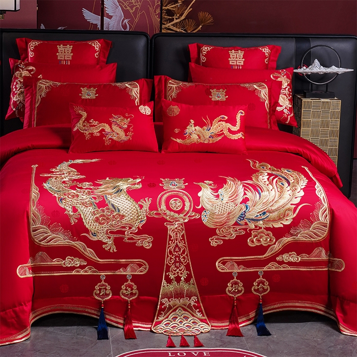 91家纺网 家纺一手货源 找家纺 千禧家纺 2025新款双面长绒棉提花工艺重工刺绣婚庆多件套 龙章凤姿