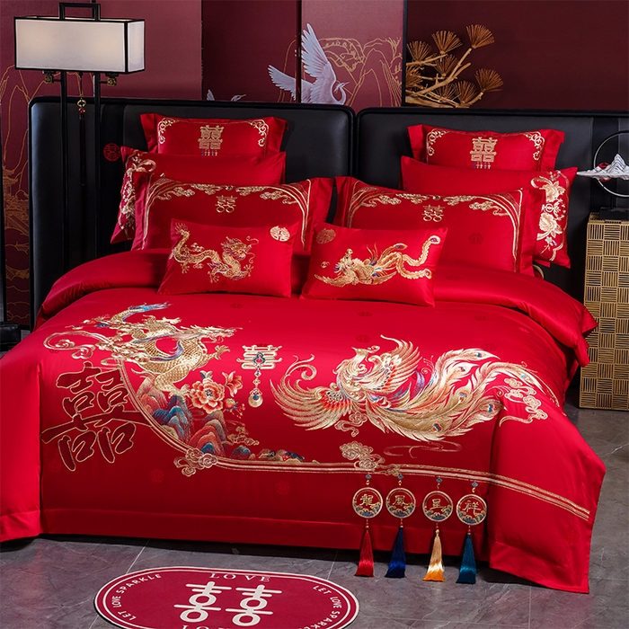 91家纺网 家纺一手货源 找家纺 千禧家纺 2025新款双面长绒棉提花工艺重工刺绣婚庆多件套 龙翔凤舞