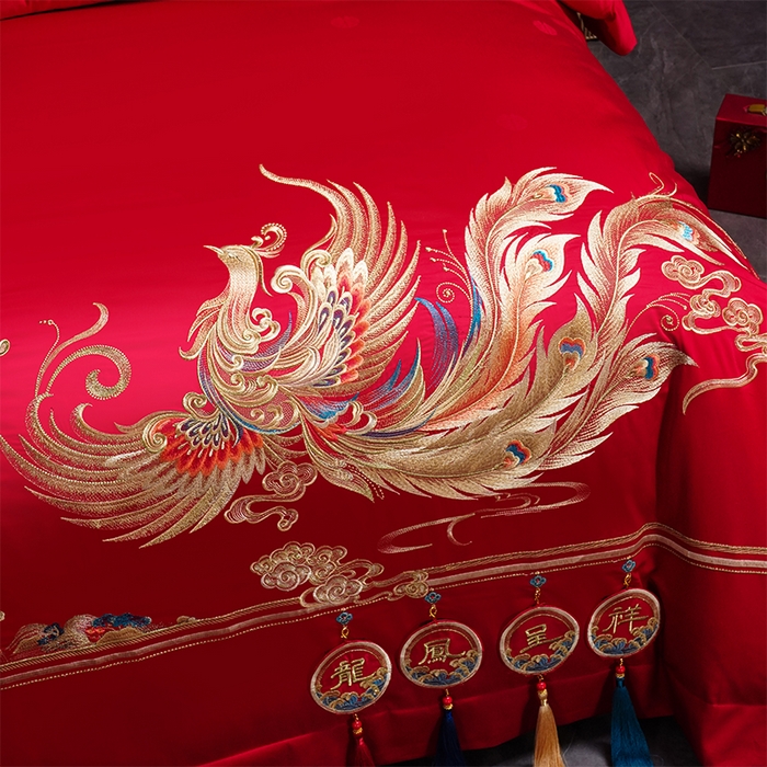 91家纺网 家纺一手货源 找家纺 千禧家纺 2025新款双面长绒棉提花工艺重工刺绣婚庆多件套 龙翔凤舞