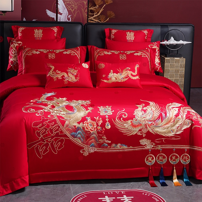 91家纺网 家纺一手货源 找家纺 千禧家纺 2025新款双面长绒棉提花工艺重工刺绣婚庆多件套 龙翔凤舞