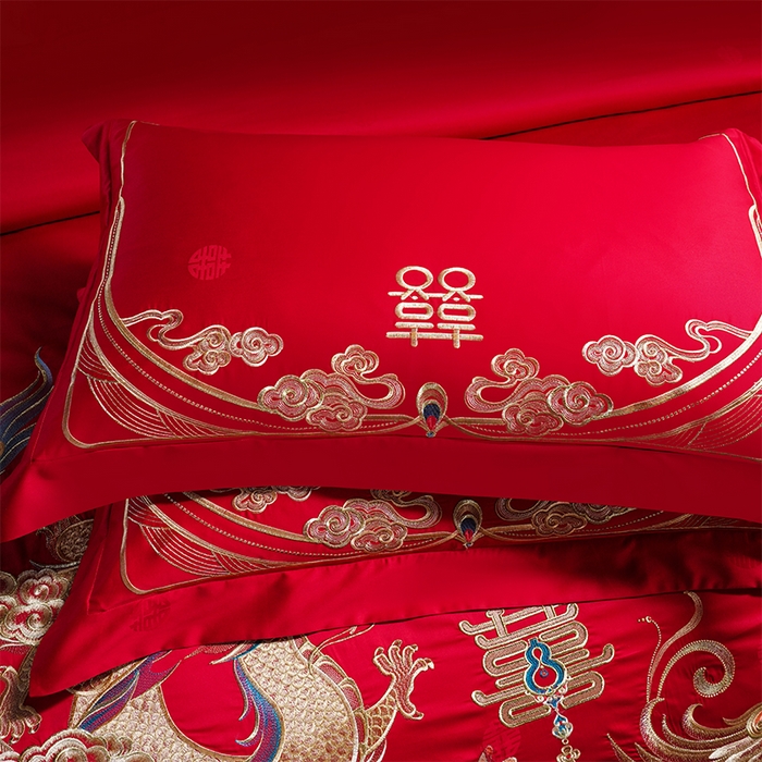 91家纺网 家纺一手货源 找家纺 千禧家纺 2025新款双面长绒棉提花工艺重工刺绣婚庆多件套 龙翔凤舞