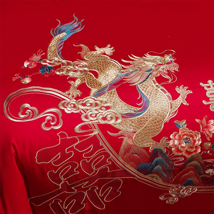 91家纺网 家纺一手货源 找家纺 千禧家纺 2025新款双面长绒棉提花工艺重工刺绣婚庆多件套 龙翔凤舞