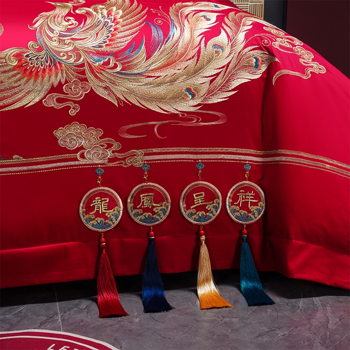 91家纺网 家纺一手货源 找家纺 千禧家纺 2025新款双面长绒棉提花工艺重工刺绣婚庆多件套 龙翔凤舞