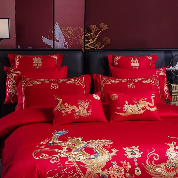 91家纺网 家纺一手货源 找家纺 千禧家纺 2025新款双面长绒棉提花工艺重工刺绣婚庆多件套 龙翔凤舞