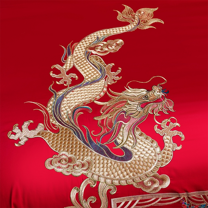 91家纺网 家纺一手货源 找家纺 千禧家纺 2025新款双面长绒棉提花工艺重工刺绣婚庆多件套 龙凤相随