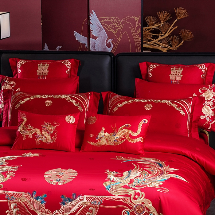 91家纺网 家纺一手货源 找家纺 千禧家纺 2025新款双面长绒棉提花工艺重工刺绣婚庆多件套 龙凤相随